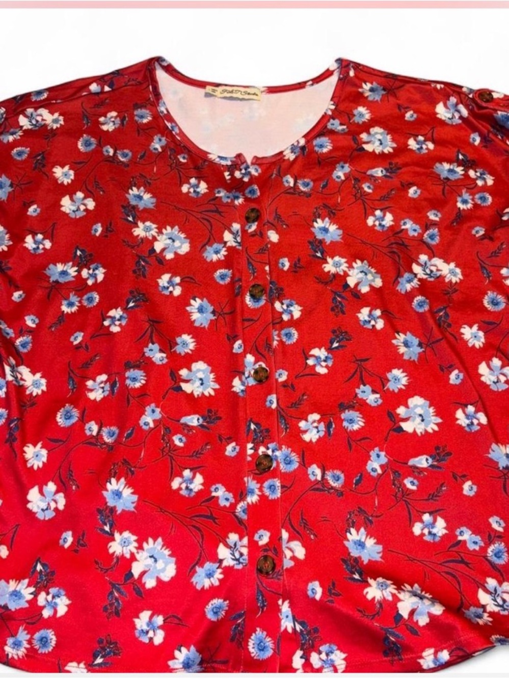 Red Floral Button-Front Blouse with Blue Accents